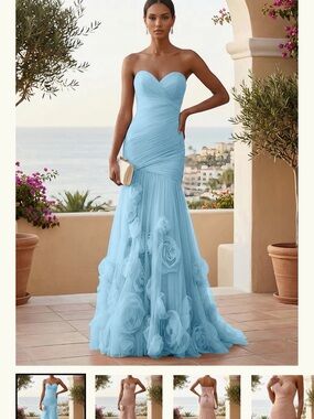 Strapless Light Blue Sweetheart Tulle Gown with Floral Appliqué